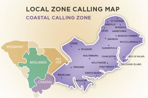Local Zone Calling Map, Coastal Calling includes Ridgeland, Yemassee, Hollywood, Folly Beach, Beaufort, Sullivans Island, Isle of Palms, Summerville, Charleston, Lebanon, Cross, McClellanVille, Moncks Corner, Jamestown, Bonneau, Williams, Walterboro, Edisto Beach
